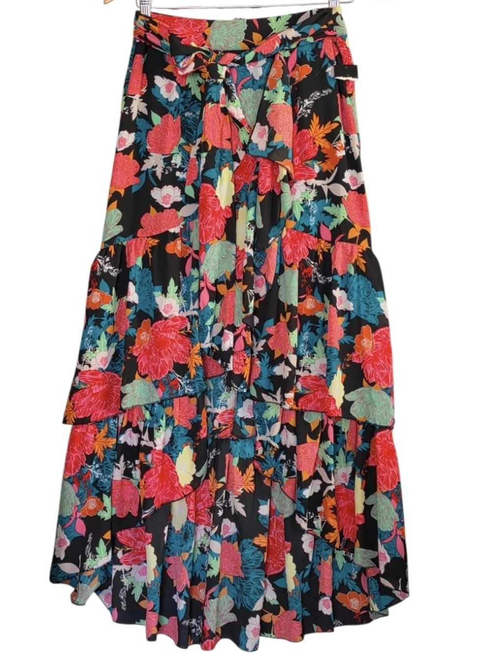 Thalia Sodi Black Maxi Skirt with Bright Pink, Orange & Teal Floral Print